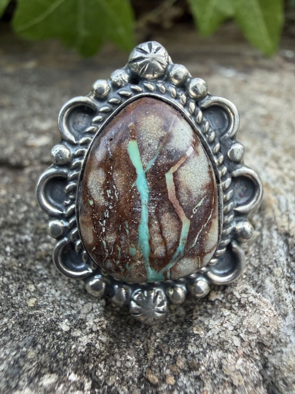 VTG Boulder Turquoise Statement Ring 7.5 Sterling Silver 925 Ribbon TQ Teardrop